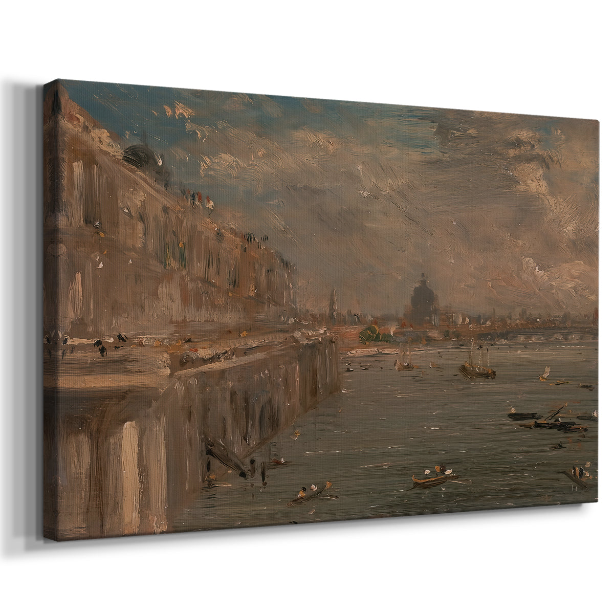 Canvas art print featuring an urban landscape with architecture and river, displayed at an angle