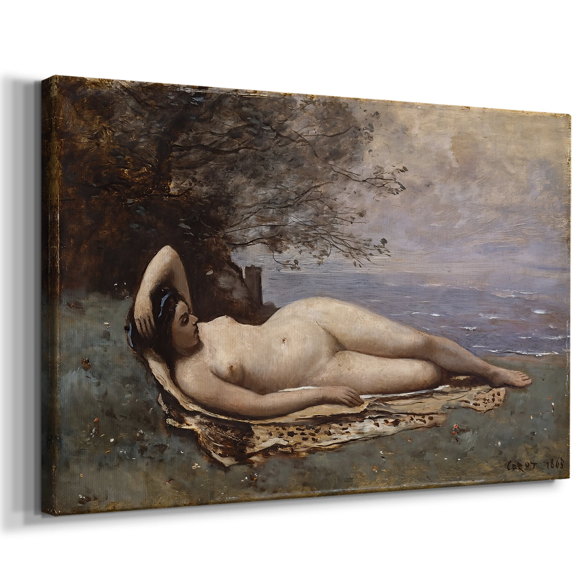 Canvas art print featuring a classical-inspired figure resting in coastal setting, displayed at an angle