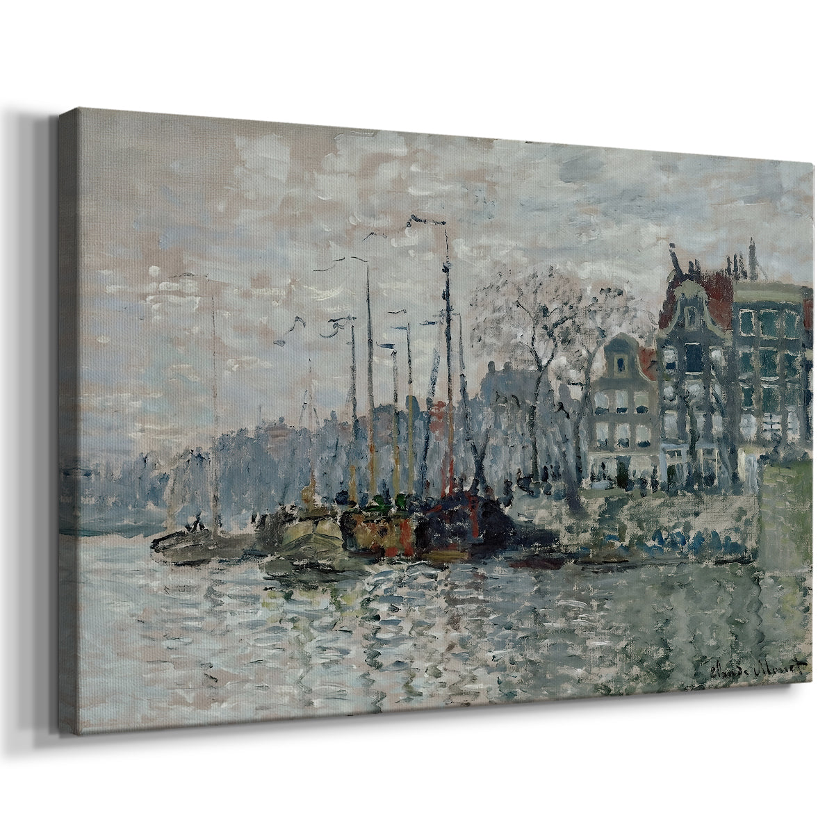 Canvas art print featuring an impressionist cityscape of canal with ships and architecture, displayed at an angle