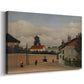 Canvas art print featuring a naïve city-edge scene with houses and surrounding land, displayed at an angle