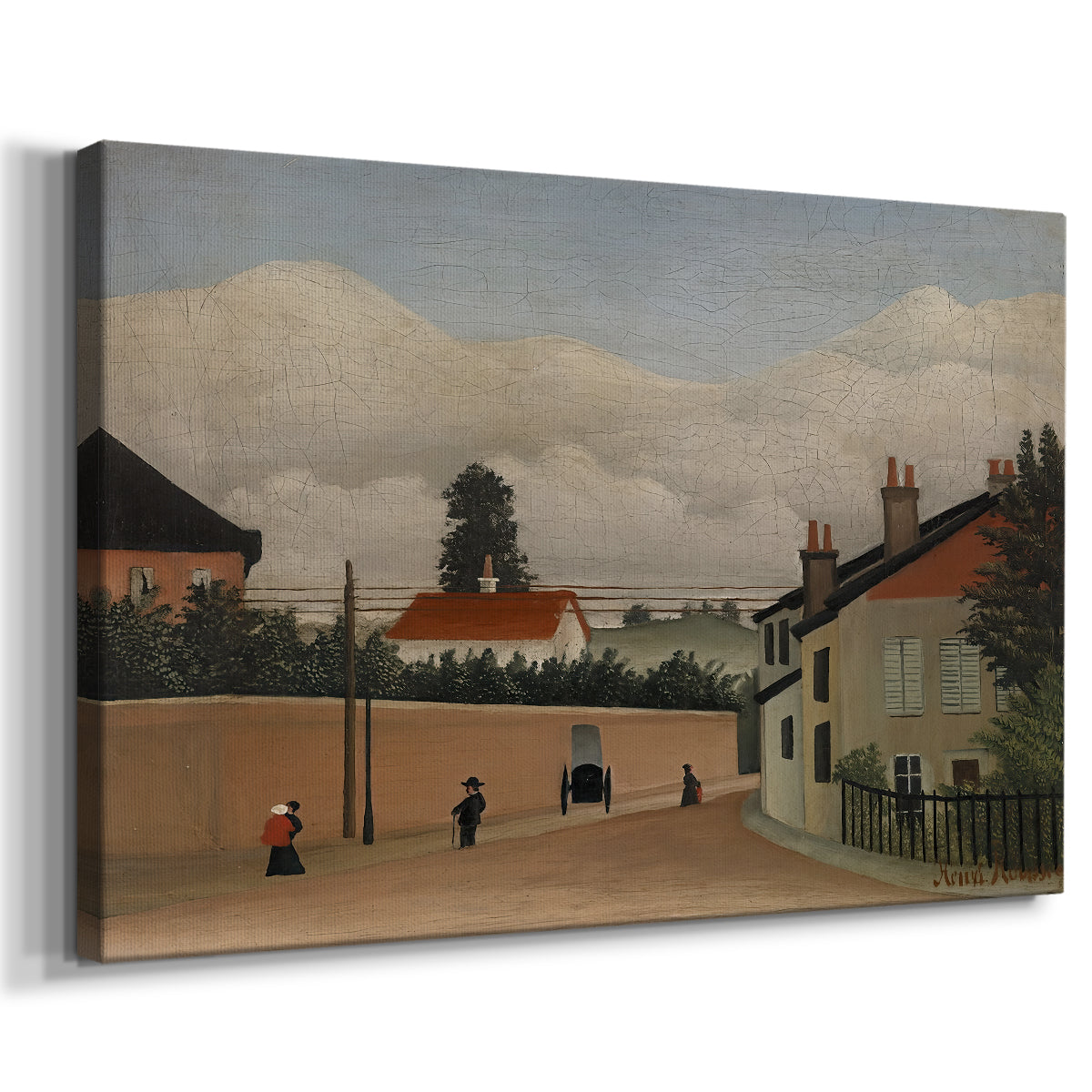 Canvas art print featuring a naïve city-edge scene with houses and surrounding land, displayed at an angle