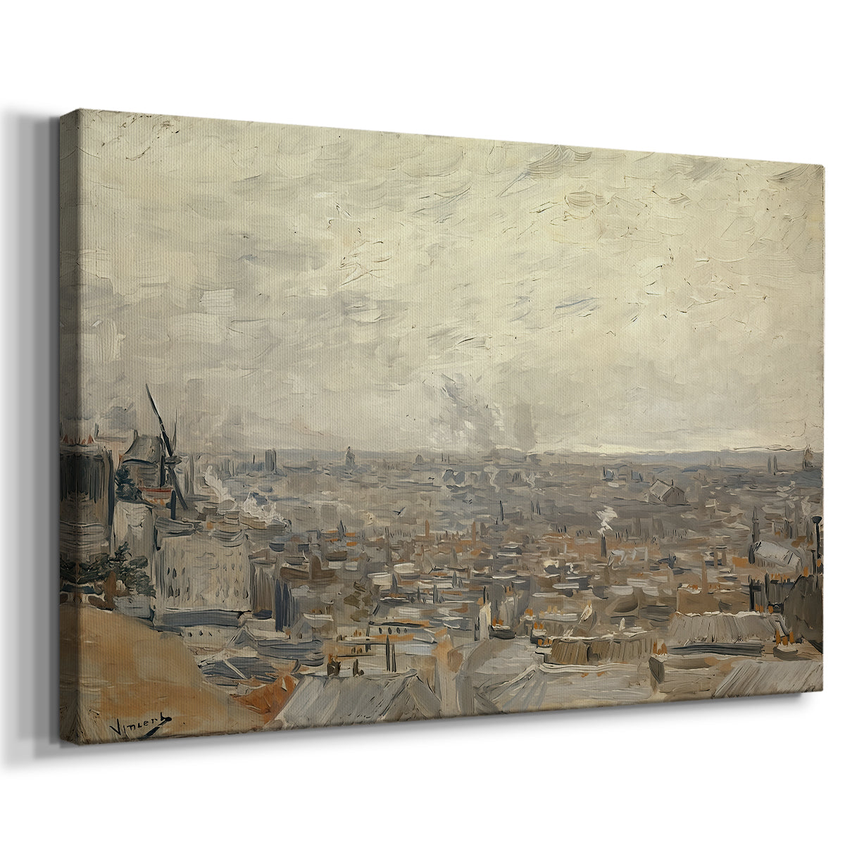 Canvas art print featuring a cityscape seen from hillside with layered structures, displayed at an angle