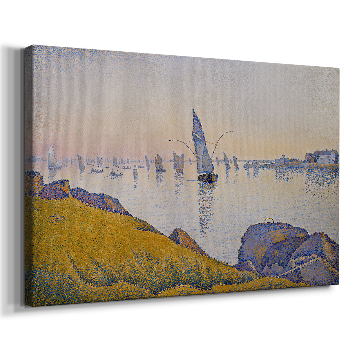 Canvas art print featuring a coastal scene with evening light, displayed at an angle