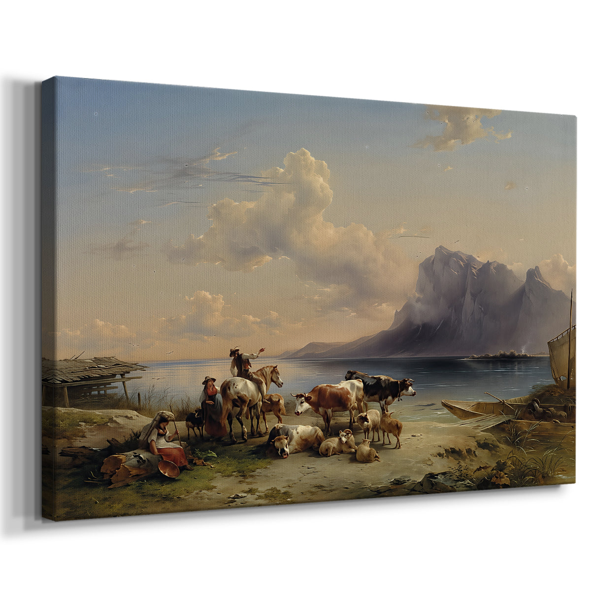 Canvas art print featuring a pastoral livestock scene with water, displayed at an angle