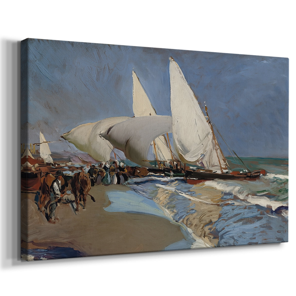 Canvas art print featuring a coastal scene with vessels and shoreline activity, displayed at an angle