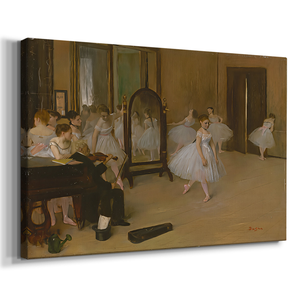 Canvas art print featuring a rehearsal scene with ballerinas in tutus arranged in studio, displayed at an angle
