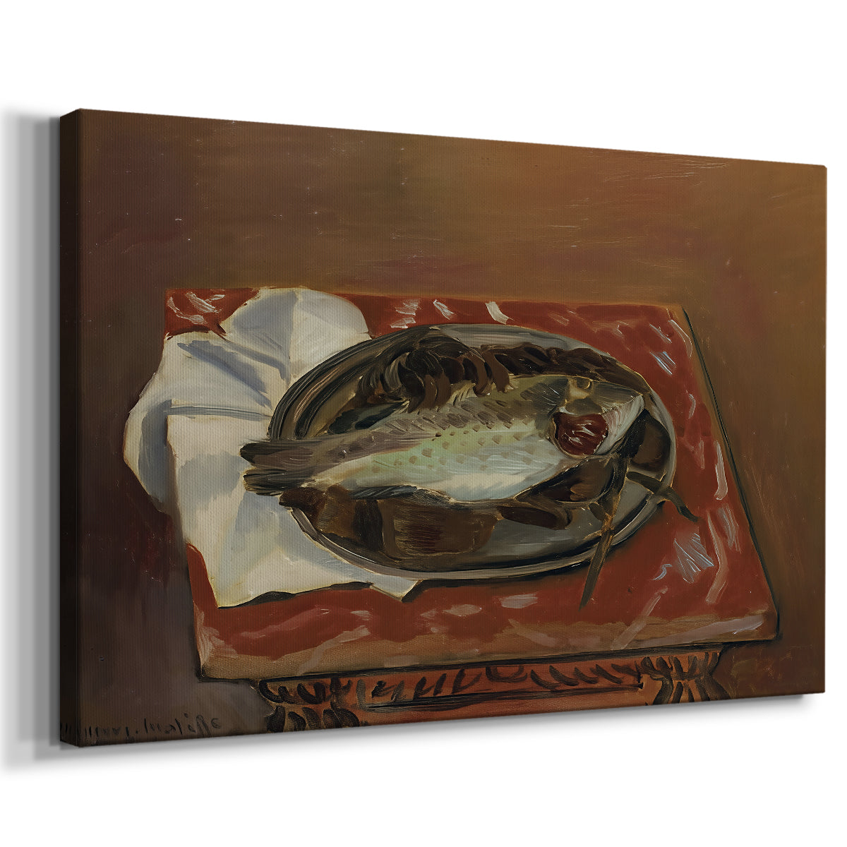 Canvas art print featuring a still life featuring a bream on a cloth-covered surface, displayed at an angle