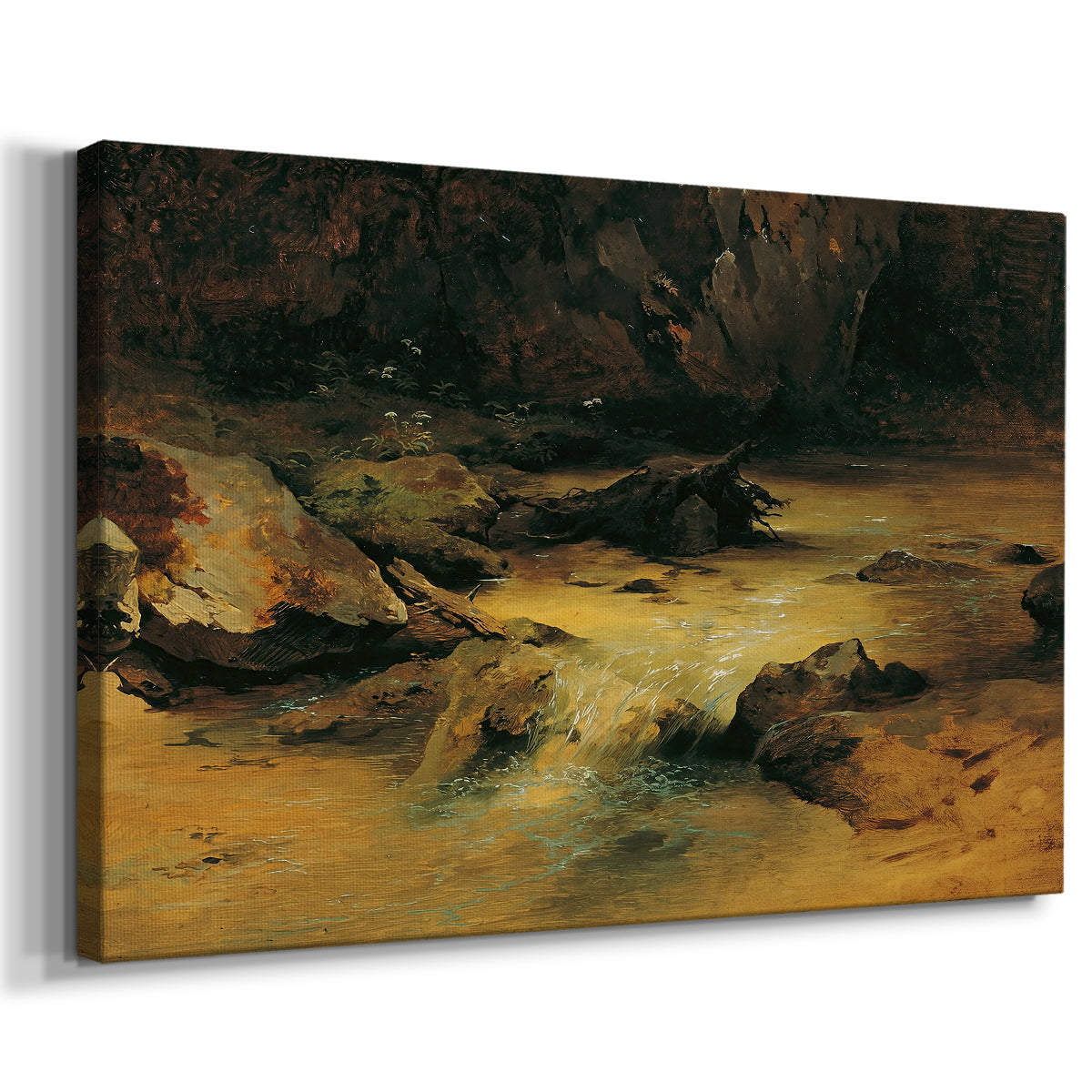 Canvas art print featuring an alpine water scene with rocks, displayed at an angle