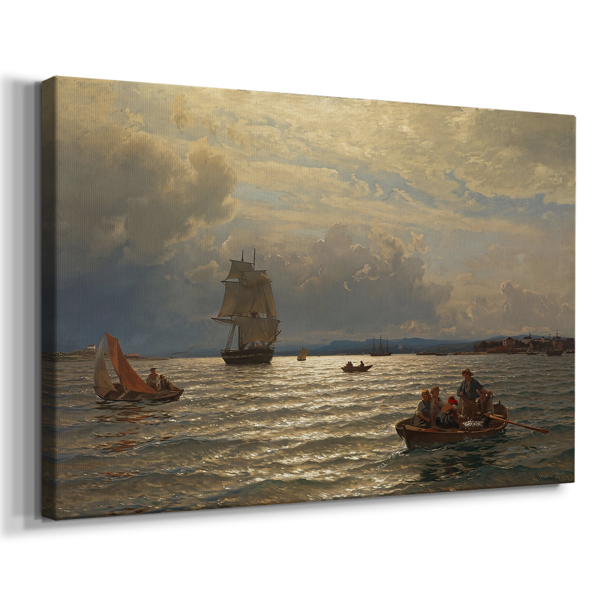 Canvas art print featuring a nautical scene of Oslo inlet with vessels and reflections, displayed at an angle