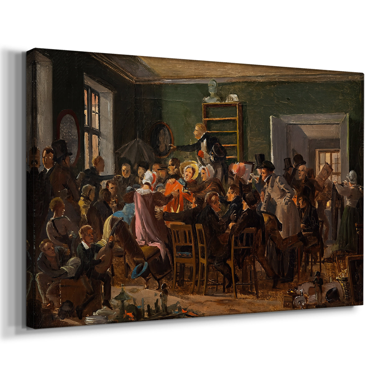Canvas art print featuring a group scene showing figures bidding and interacting indoors, displayed at an angle
