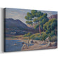 Canvas art print featuring a pointillist beach scene with people in water, displayed at an angle