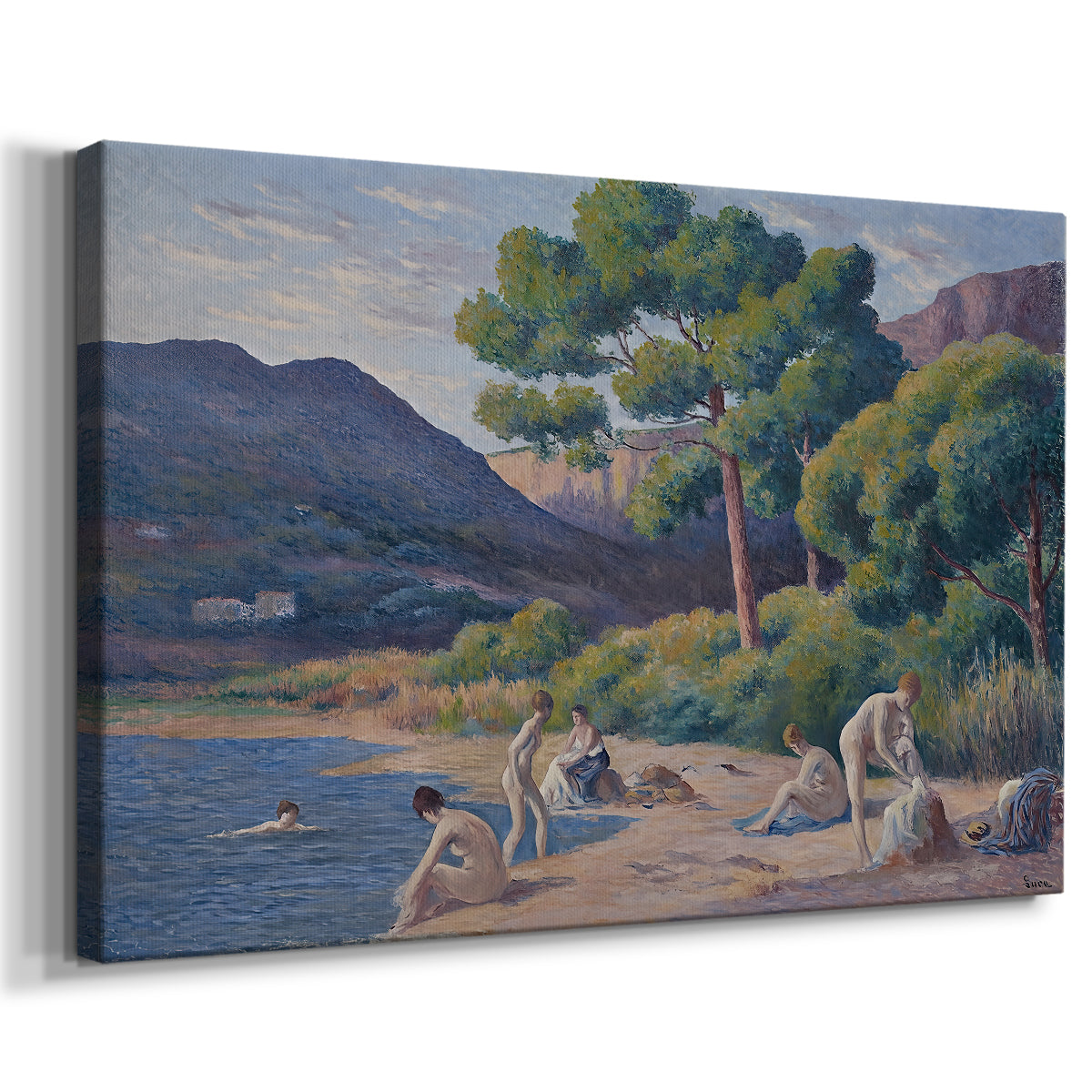 Canvas art print featuring a pointillist beach scene with people in water, displayed at an angle