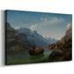 Canvas art print featuring a wedding party traveling by boat through a Norwegian fjord with towering mountains, displayed at an angle