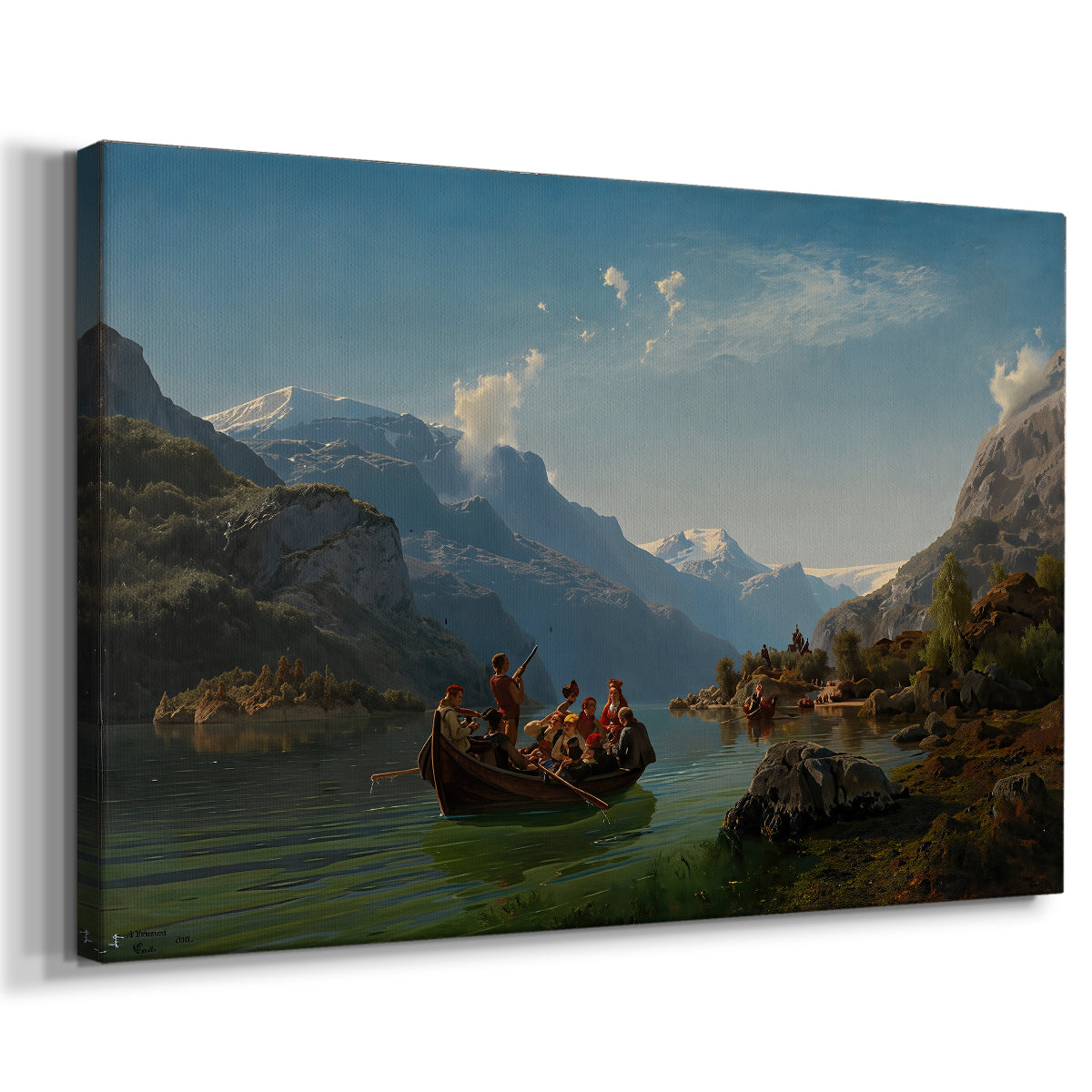 Canvas art print featuring a wedding party traveling by boat through a Norwegian fjord with towering mountains, displayed at an angle