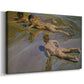 Canvas art print featuring an energetic beach scene with children in motion, displayed at an angle
