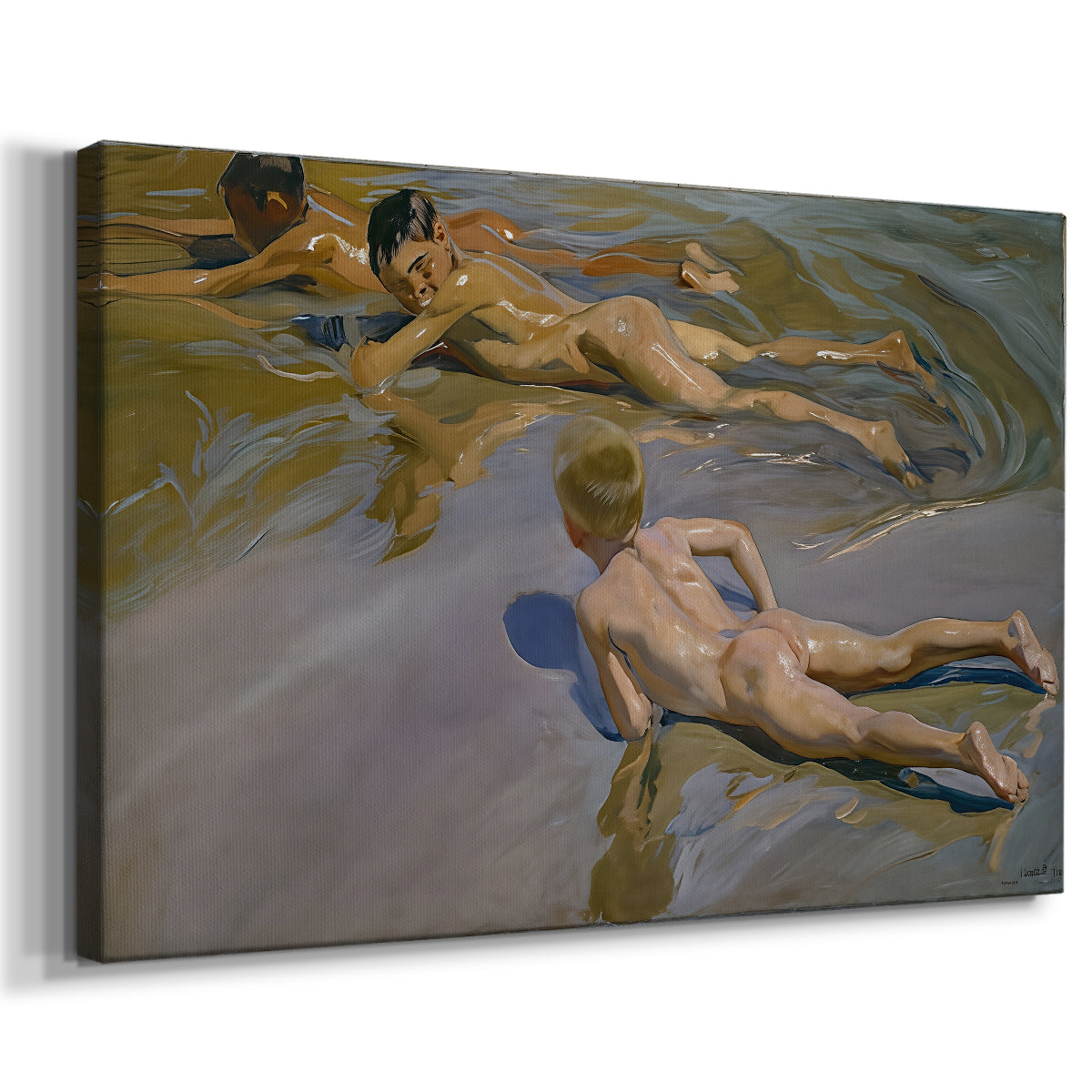 Canvas art print featuring an energetic beach scene with children in motion, displayed at an angle