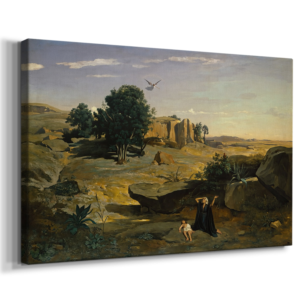 Canvas art print featuring a biblical scene set within quiet natural environment, displayed at an angle