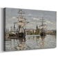 Canvas art print featuring an impressionist river scene with anchored sailing ships and reflections, displayed at an angle