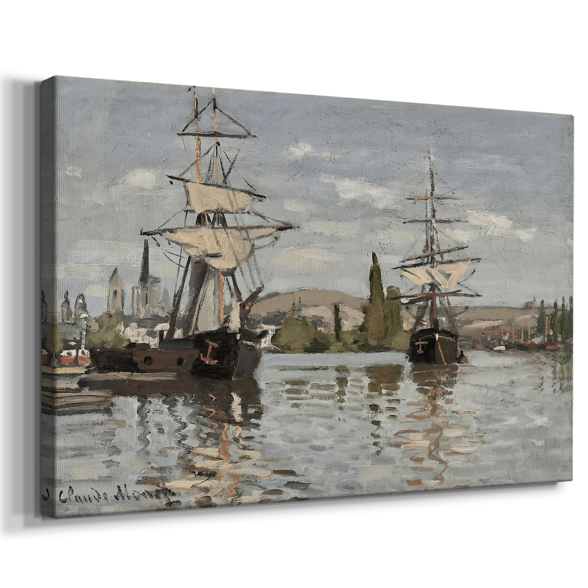 Canvas art print featuring an impressionist river scene with anchored sailing ships and reflections, displayed at an angle