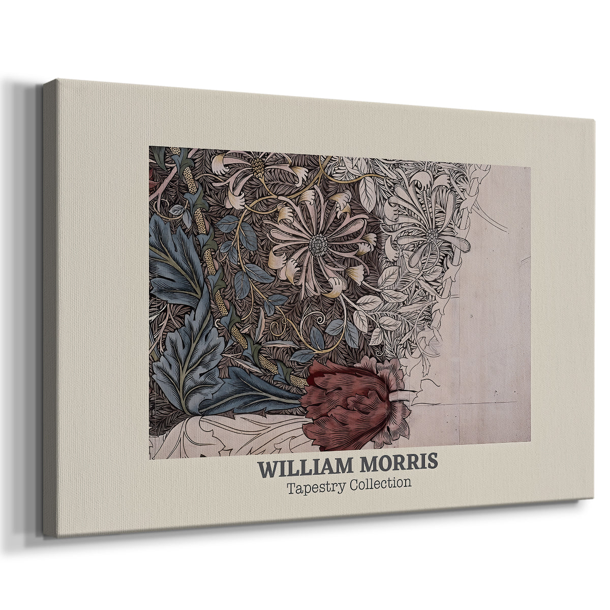 Canvas art print featuring a decorative floral pattern with looping stems and layered foliage, displayed at an angle