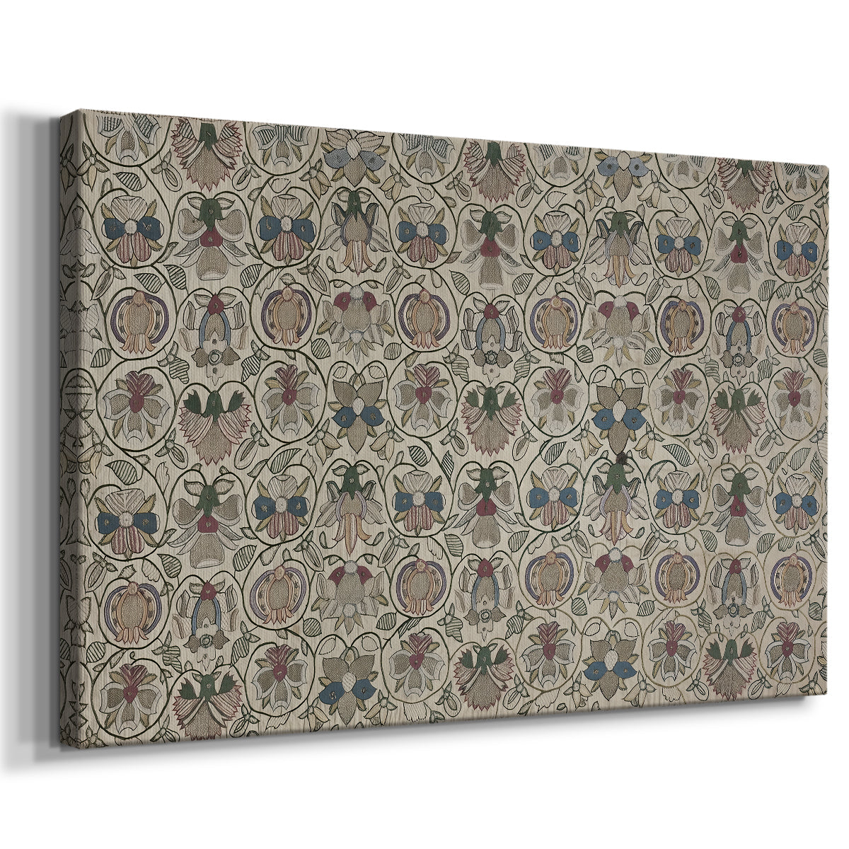 Canvas art print featuring a decorative fabric design with evenly spaced botanical motifs, displayed at an angle