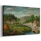 Canvas art print featuring a countryside scene with people along riverbank, displayed at an angle
