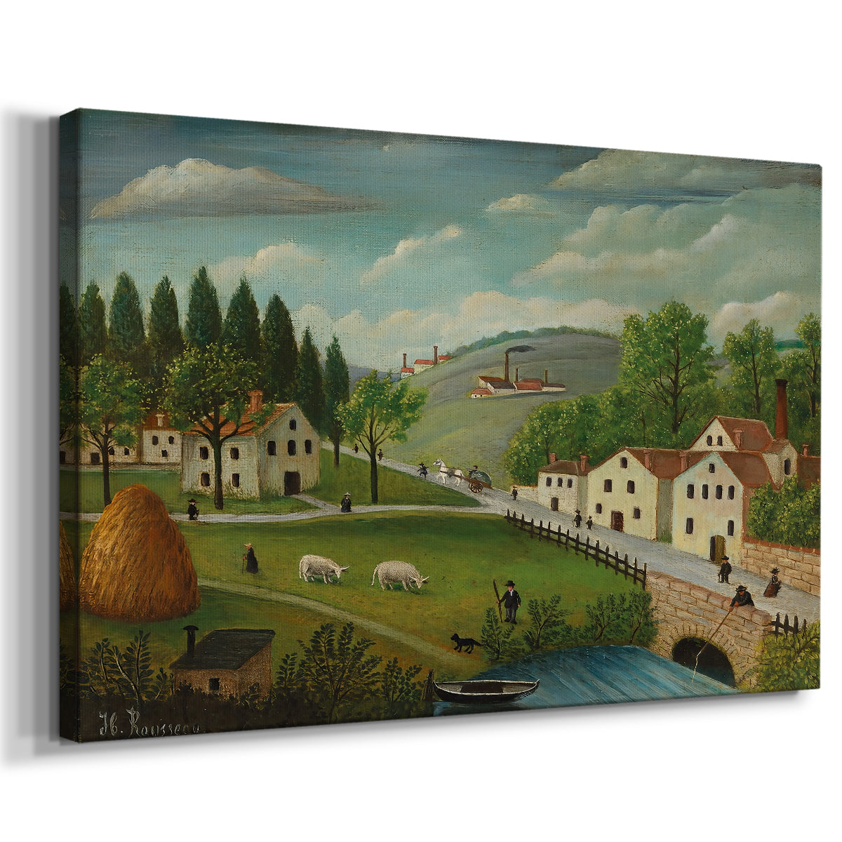 Canvas art print featuring a countryside scene with people along riverbank, displayed at an angle