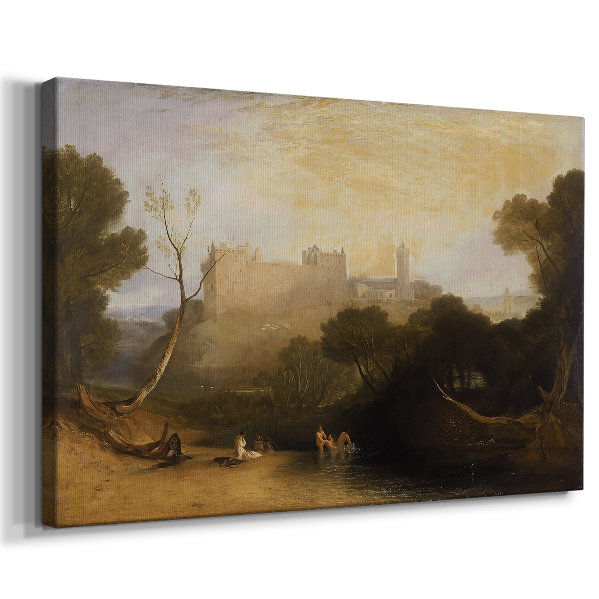 Canvas art print featuring an architectural scene with castle-like structure and natural setting, displayed at an angle