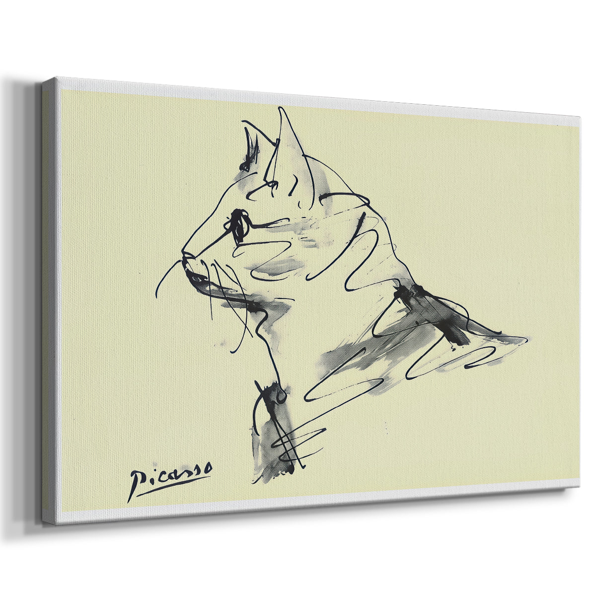 Canvas art print featuring a sketch-style feline depiction, displayed at an angle