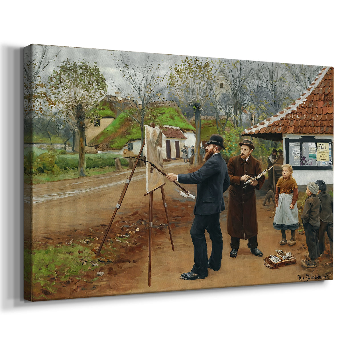 Canvas art print featuring a countryside scene with figures standing near workshop or smithy, displayed at an angle