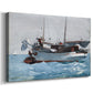 Canvas art print featuring a maritime activity scene with figures handling cargo at sea, displayed at an angle