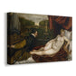 Canvas art print featuring a Renaissance interior scene with Venus, musician, and resting dog, displayed at an angle