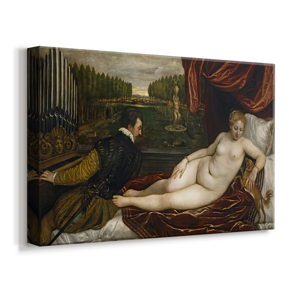 Canvas art print featuring a Renaissance interior scene with Venus, musician, and resting dog, displayed at an angle