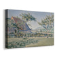 Canvas art print featuring a pointillist countryside scene with architecture and open field, displayed at an angle