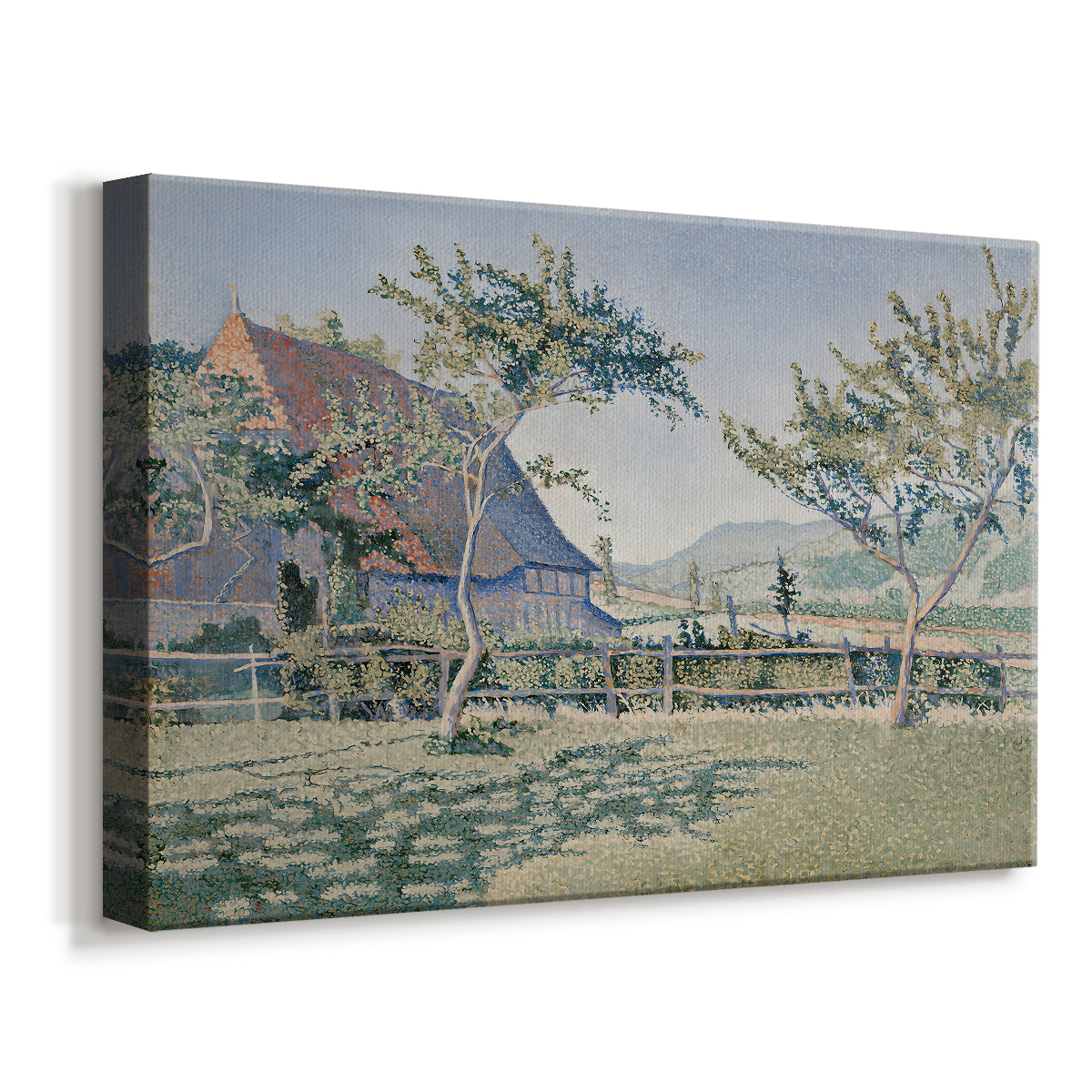 Canvas art print featuring a pointillist countryside scene with architecture and open field, displayed at an angle