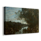 Canvas art print featuring a peaceful view of water with natural surroundings, displayed at an angle