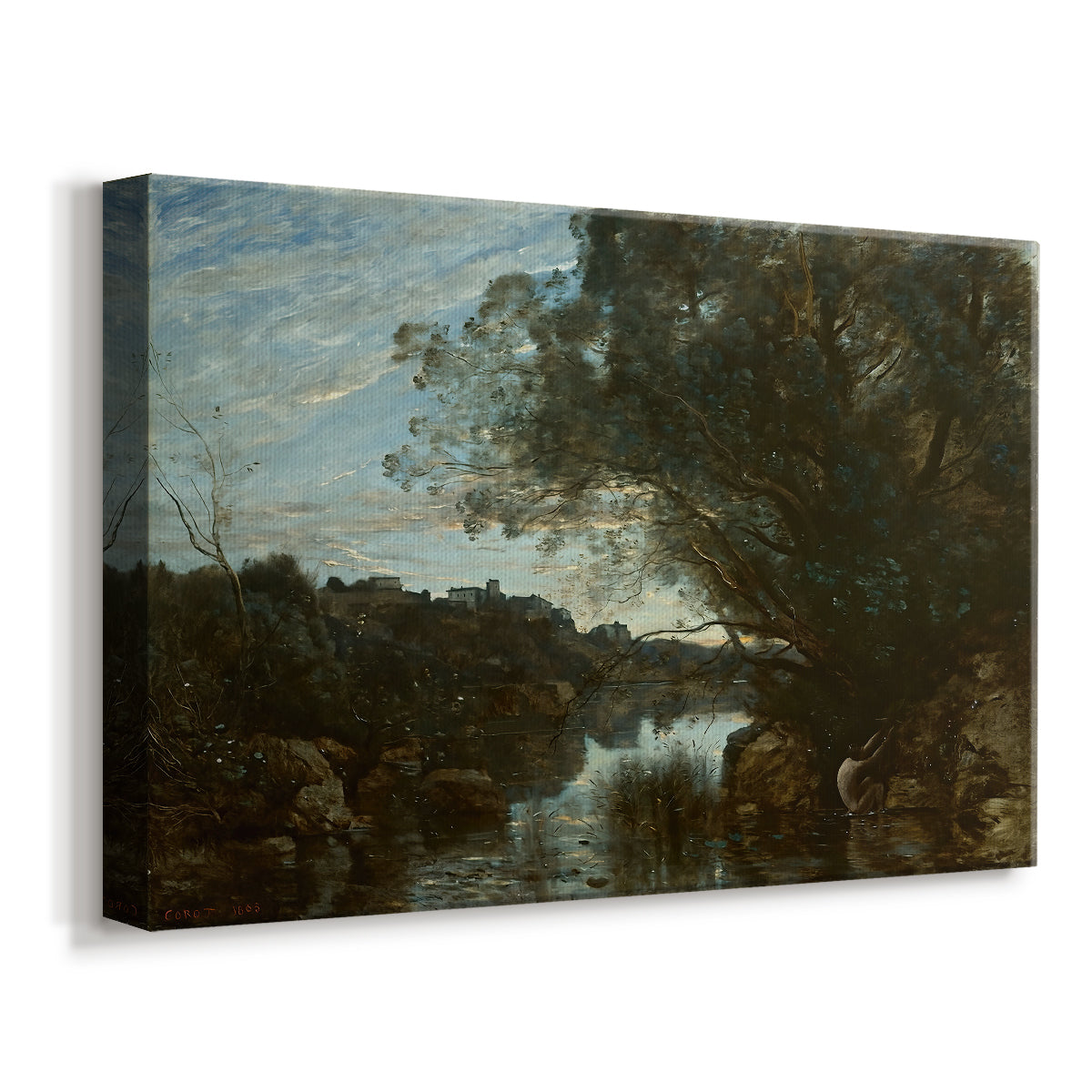 Canvas art print featuring a peaceful view of water with natural surroundings, displayed at an angle