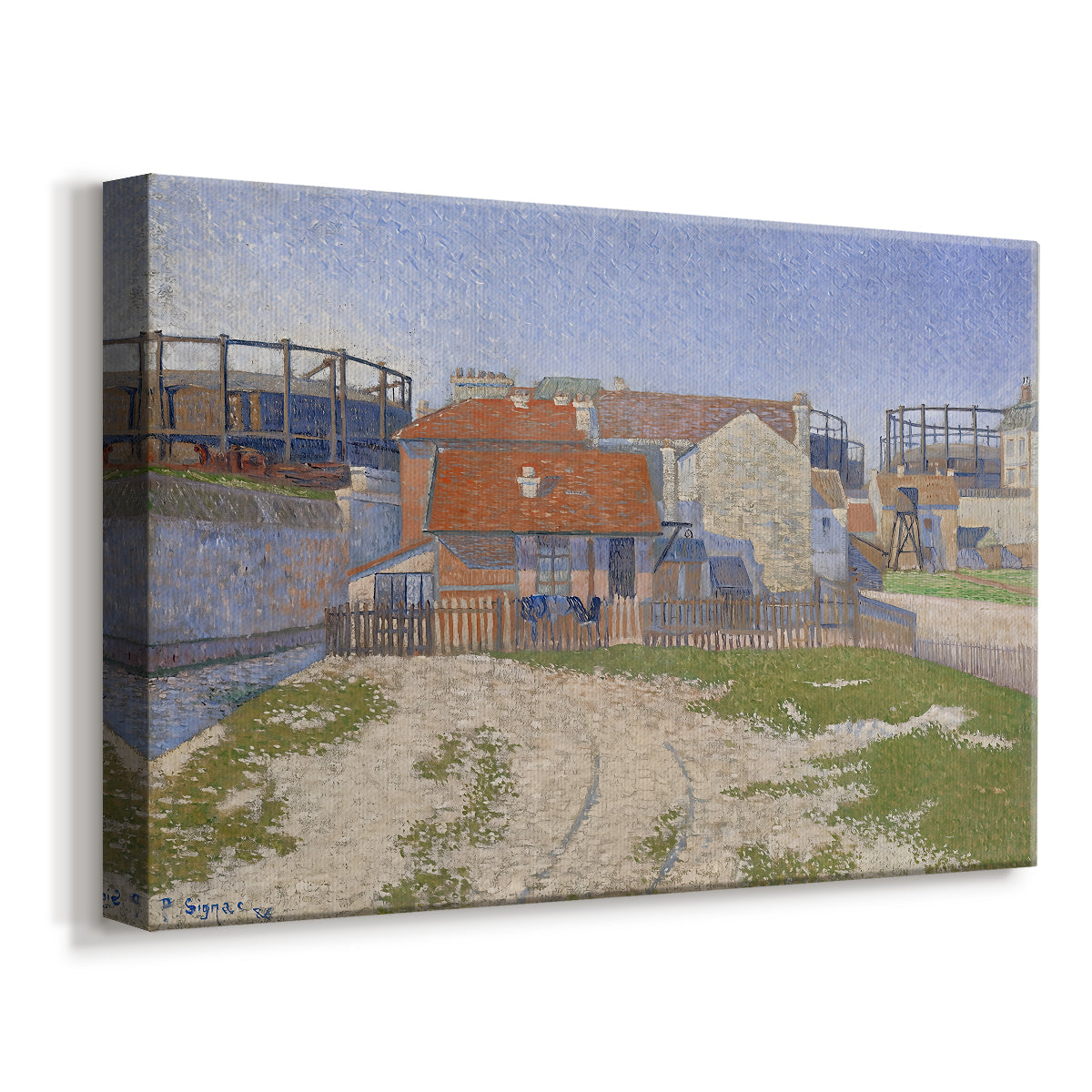 Canvas art print featuring an architectural scene with tanks, displayed at an angle