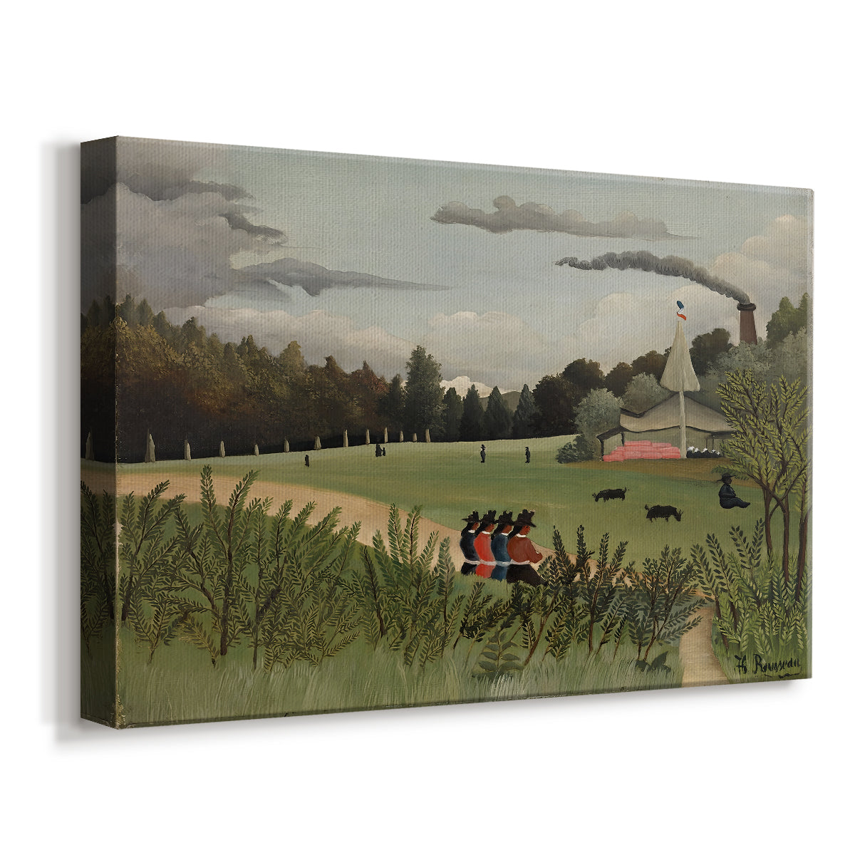 Canvas art print featuring a naïve depiction of factory scene with people and structures, displayed at an angle