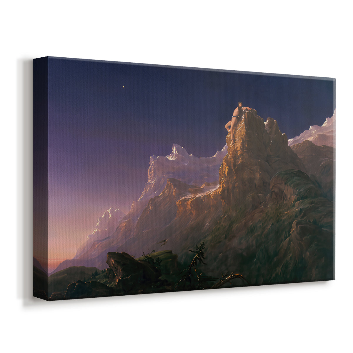Canvas art print featuring a dramatic scene combining figure and rugged terrain, displayed at an angle