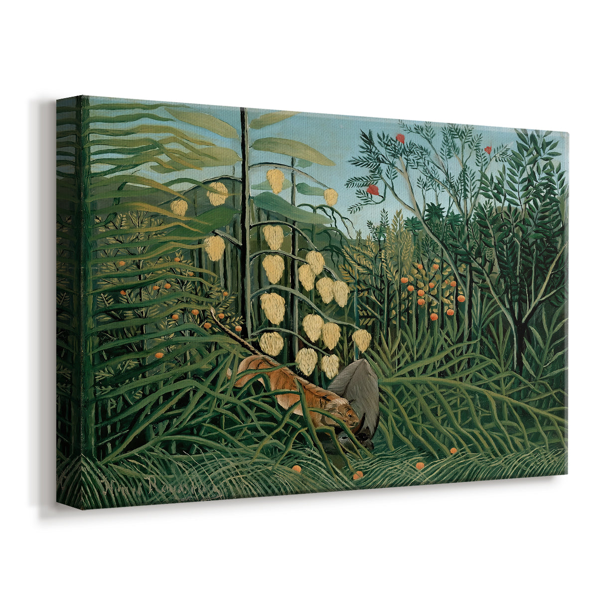 Canvas art print featuring a dramatic animal struggle set within tropical vegetation, displayed at an angle