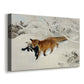 Canvas art print featuring a wildlife scene of fox moving swiftly through winter terrain, displayed at an angle