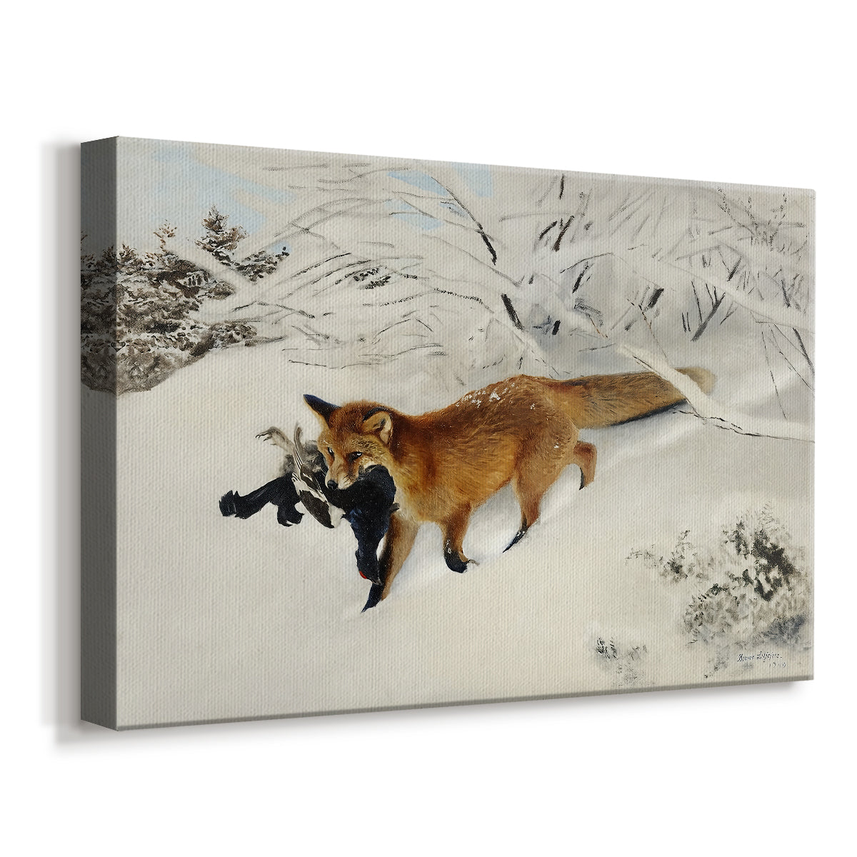 Canvas art print featuring a wildlife scene of fox moving swiftly through winter terrain, displayed at an angle