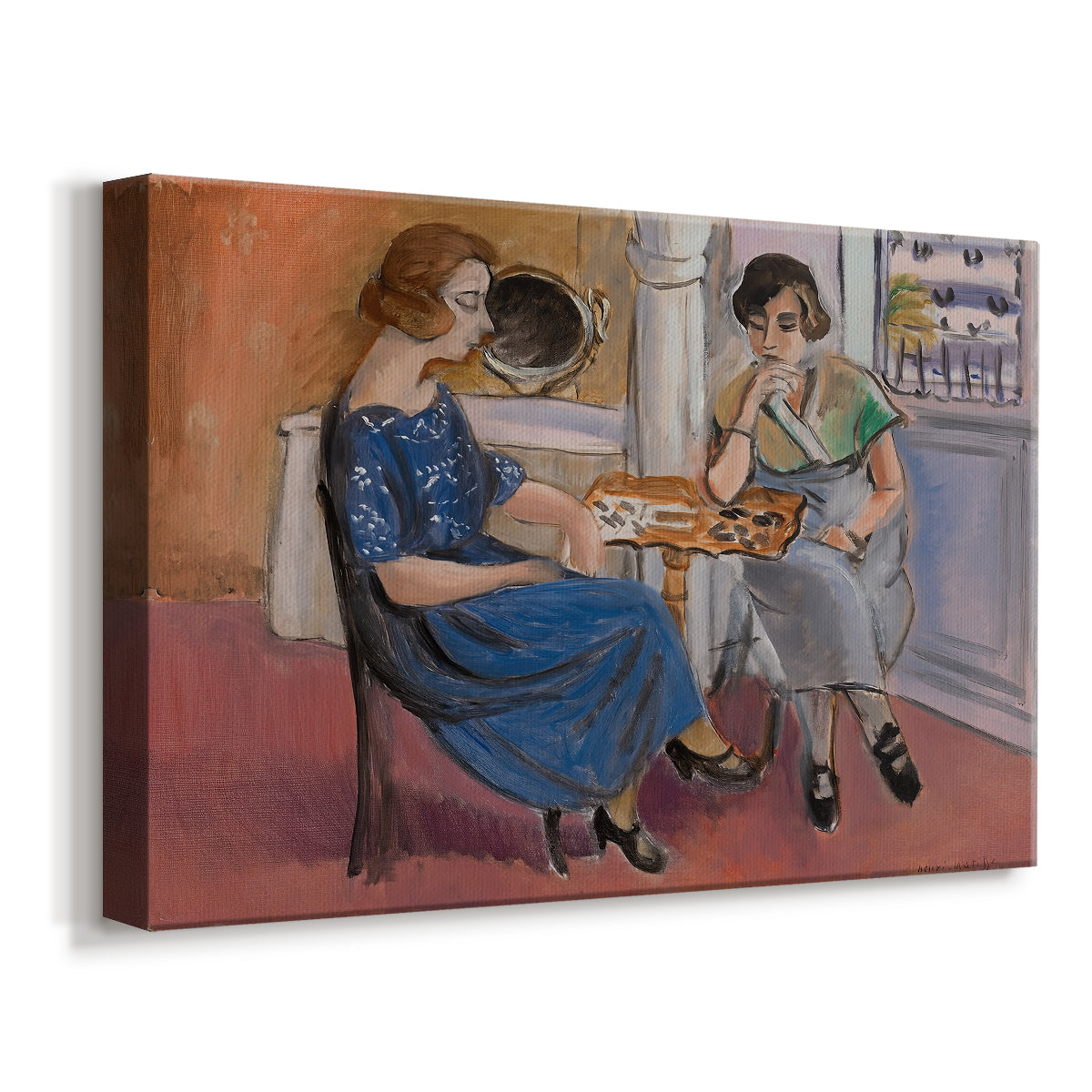 Canvas art print featuring a Fauvist scene of people engaged in a domino game indoors, displayed at an angle