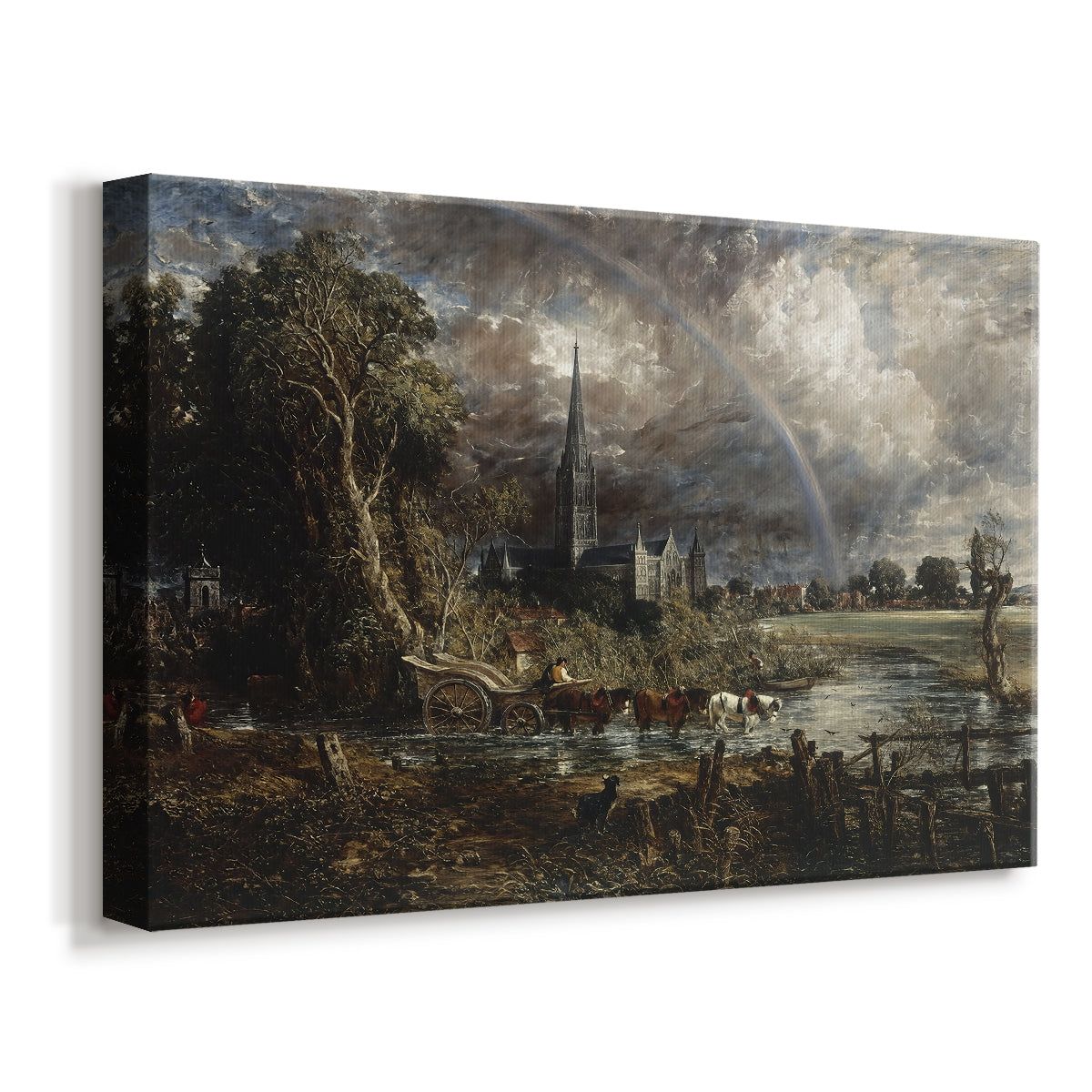 Canvas art print featuring a detailed architectural scene, displayed at an angle