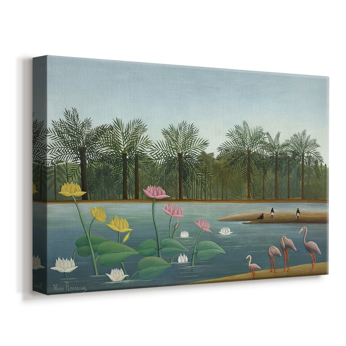 Canvas art print featuring an exotic wetland scene with birds and reflective water, displayed at an angle