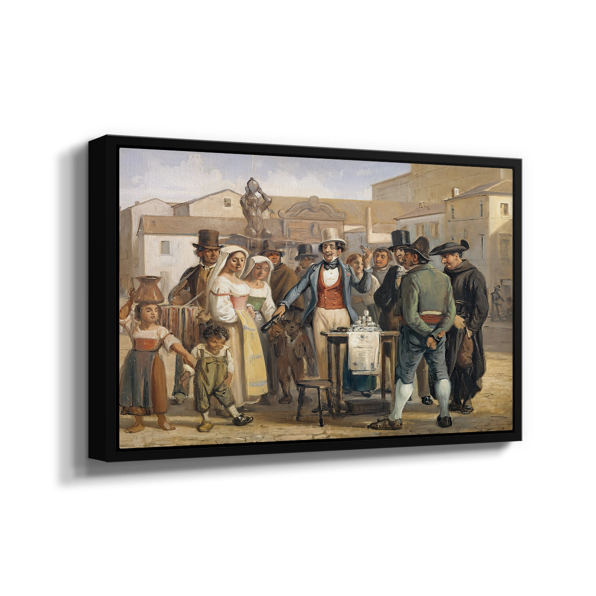 A Charlatan Selling Blacking in the Piazza Barberini in Rome, c. 1840-1849 - Floater Framed Canvas Print