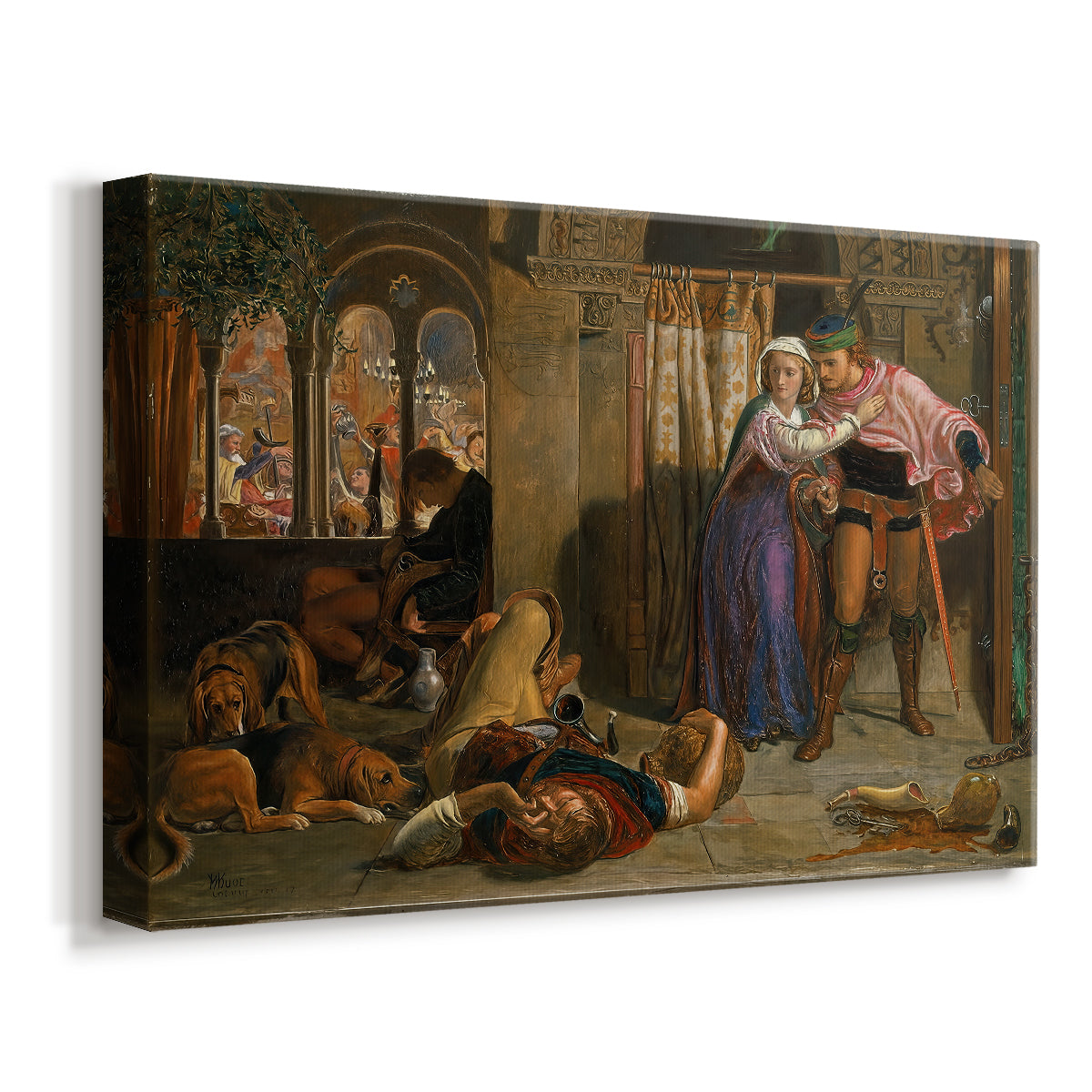 Canvas art print featuring a narrative scene showing figures escaping through richly detailed room, displayed at an angle
