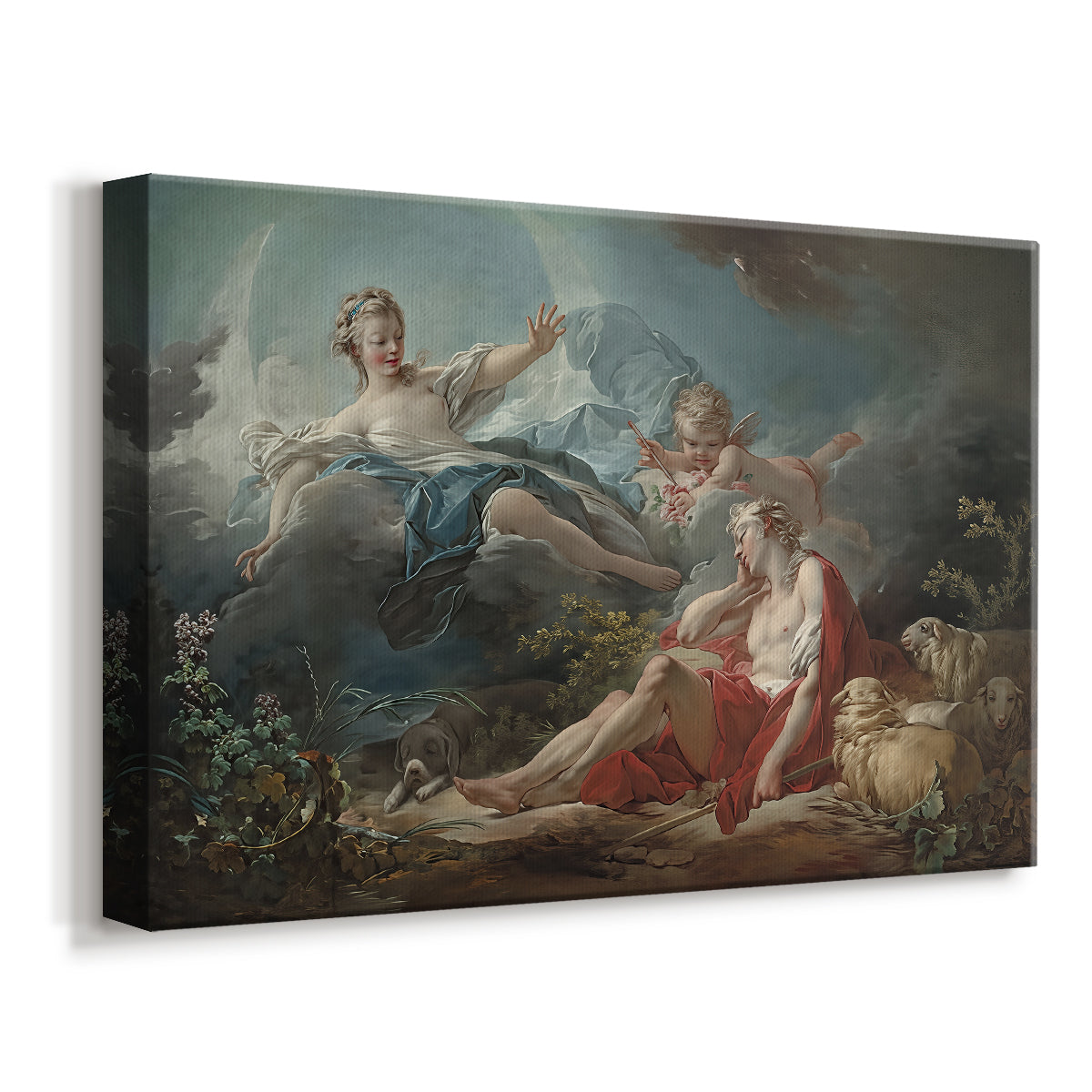 Canvas art print featuring a romantic scene with figures in soft outdoor setting, displayed at an angle