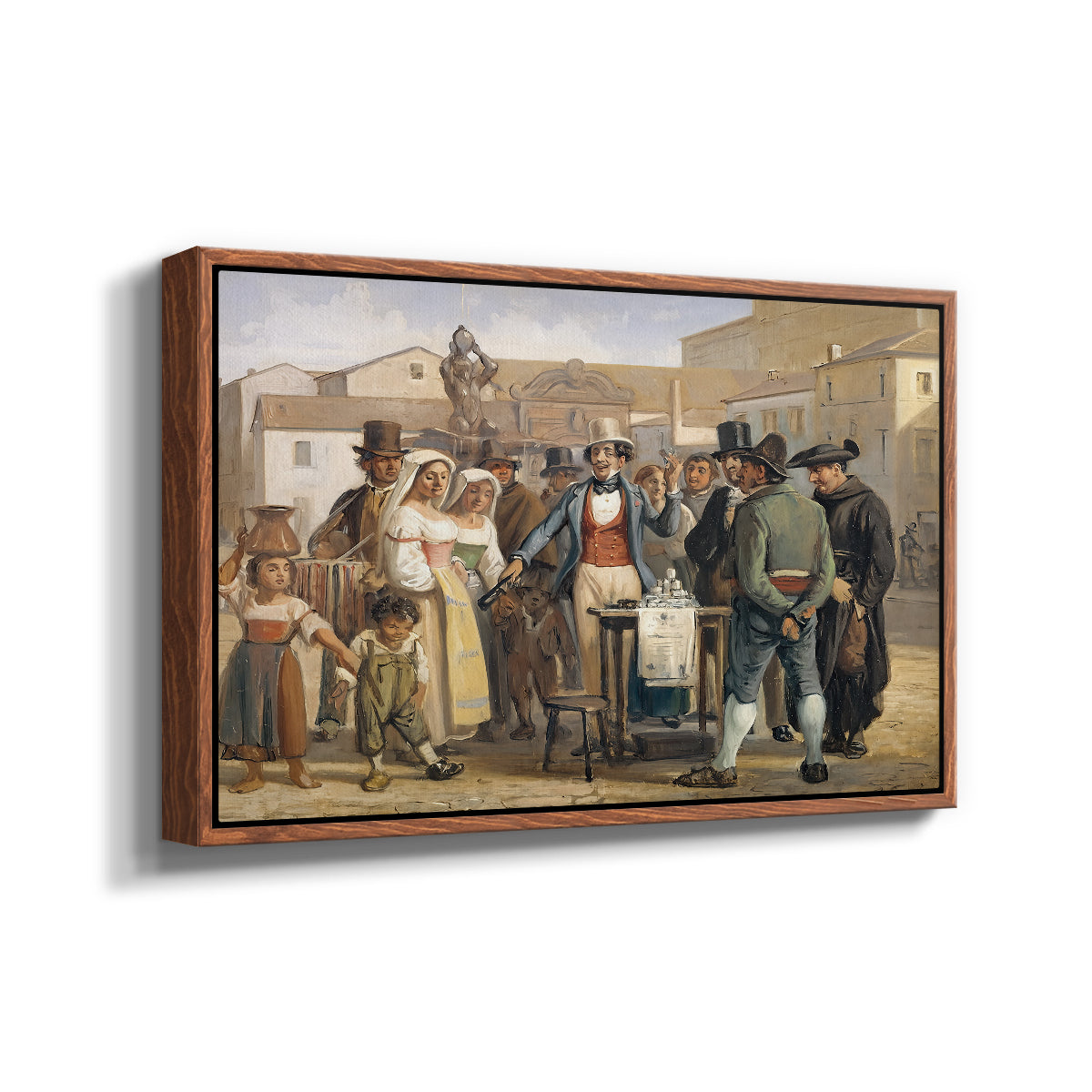 A Charlatan Selling Blacking in the Piazza Barberini in Rome, c. 1840-1849 - Floater Framed Canvas Print